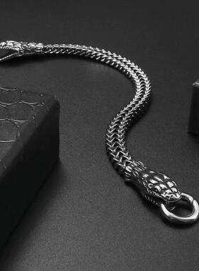 Temu新款潮流个性编织饰品欧美复古霸气时尚不锈钢双头蛇男式手链