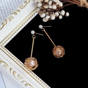 韩版潮流时尚缠绕铁丝球耳钉个性百搭珍珠长款棍子耳环