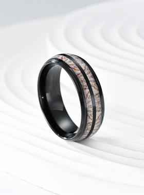 跨境爆款热卖不锈钢个性时尚镶嵌灰木纹戒指8mm球面黑色双槽灰木