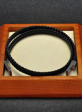 跨境爆品男生女士简约双圈编织黑色皮手链韩版百搭不锈钢饰品