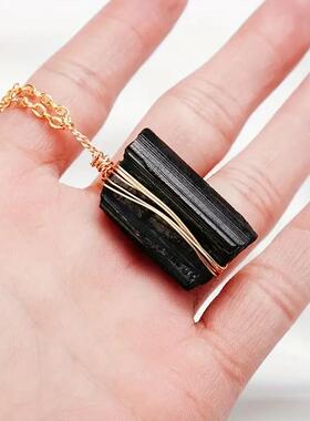 跨境新品DIY不规则纯手工制作绕金属线黑碧玺宝石吊坠项链