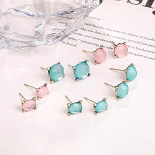 跨境饰品简约时尚复古几何多色锆石耳钉套装多色炫彩5件套女耳饰