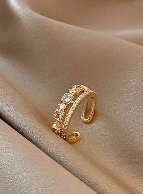 欧美新款祖母绿锆石戒指创意不规则几何双层双排锆石开口可调戒指