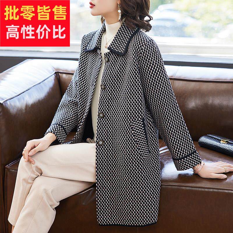 年轻妈妈秋装洋派格子外套中老年女秋冬装高贵大衣时尚中长版上衣