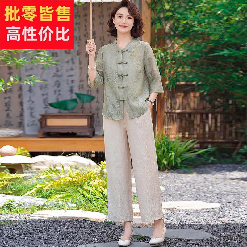 夏装洋派国风妈妈桑蚕丝衬衫直筒裤套装中老年女装高贵真丝两件套