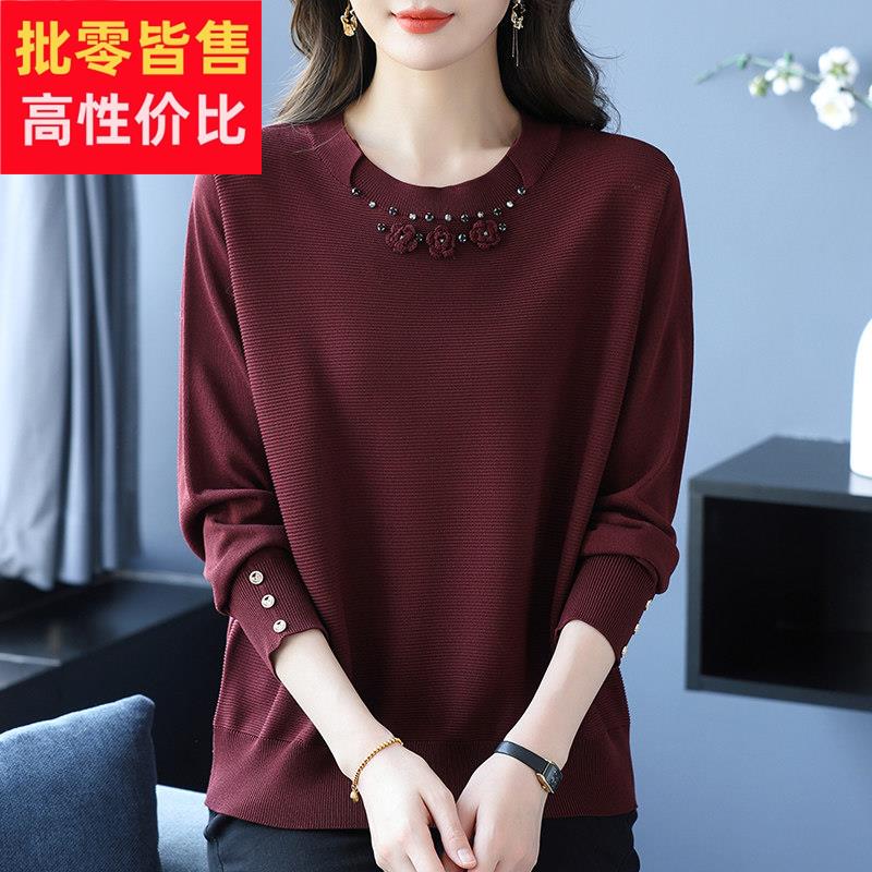 中年妈妈装大码宽松遮肚子套头立体花针织衫春秋桑蚕丝长袖T恤女