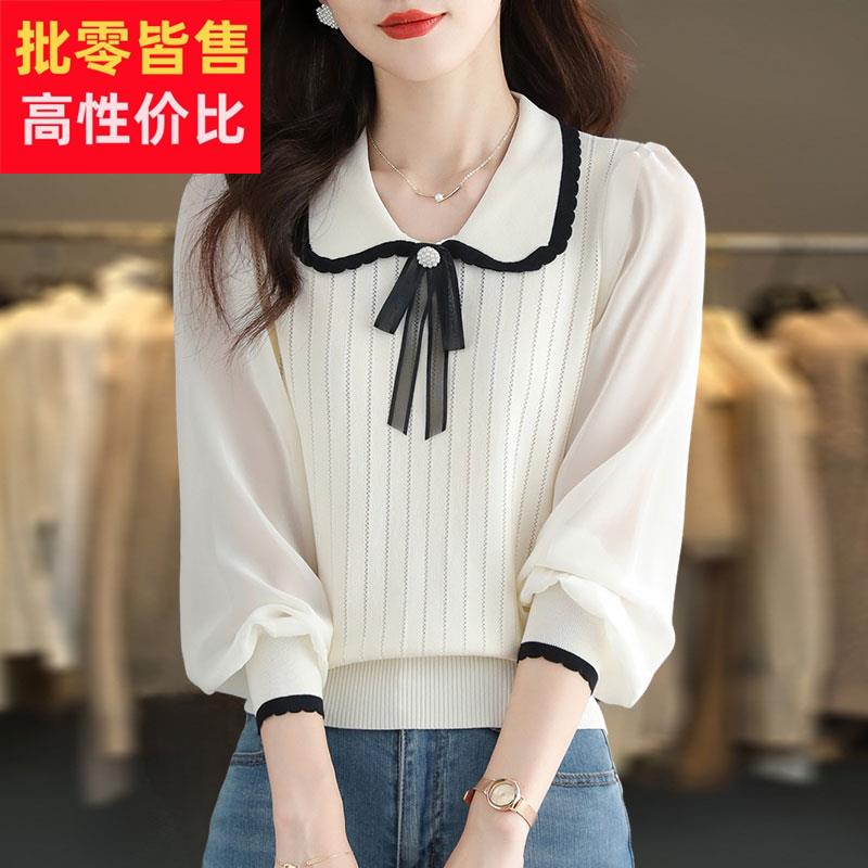 娃娃领长袖T恤女2025新款减龄冰丝针织衫洋派小衫大尺码蕾丝打底