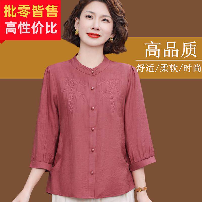 中老年纯棉圆领衬衫 棉麻中袖上衣50岁以上休闲女装 刺绣纯色T恤