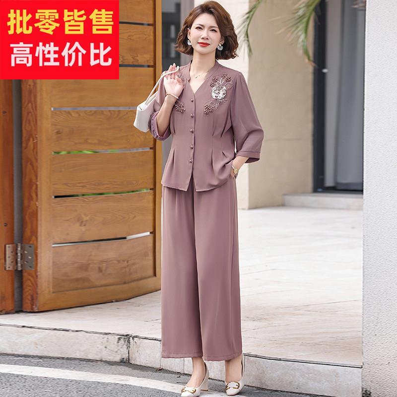 妈妈洋派夏装桑蚕丝衬衫直筒裤两件套中老年女贵夫人时尚真丝套装