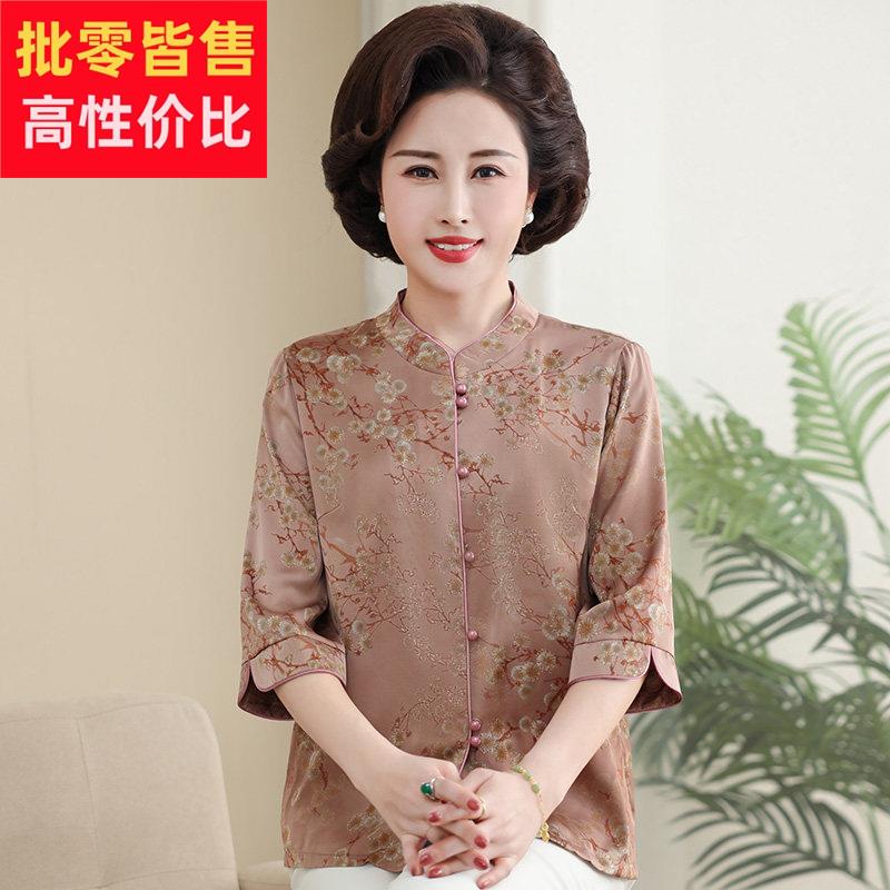 妈妈春夏装中式中国风真丝衬衫女中老年唐装印花夏装桑蚕丝上衣女