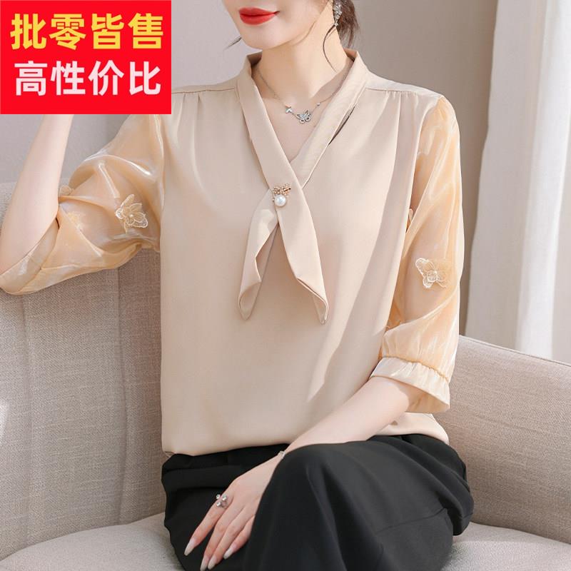 2026新款妈妈夏装雪纺衫套装洋派中老年女夏季时尚短衬衫气质上衣