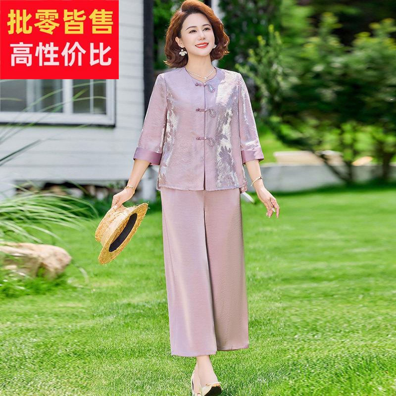 中老年女新中式妈妈夏装真丝衬衫两件套阔太太高贵国风桑蚕丝套装