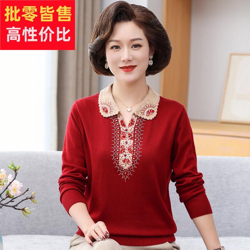 本命年妈妈装红色毛衣秋装中老年打底衫女老人奶奶羊毛衫洋派春秋