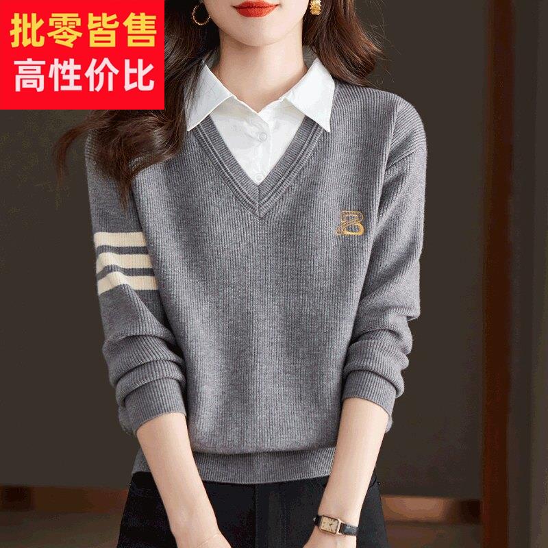 假两件上衣女春秋款时尚洋派2025新款衬衫大尺码针织打底衫秋冬毛