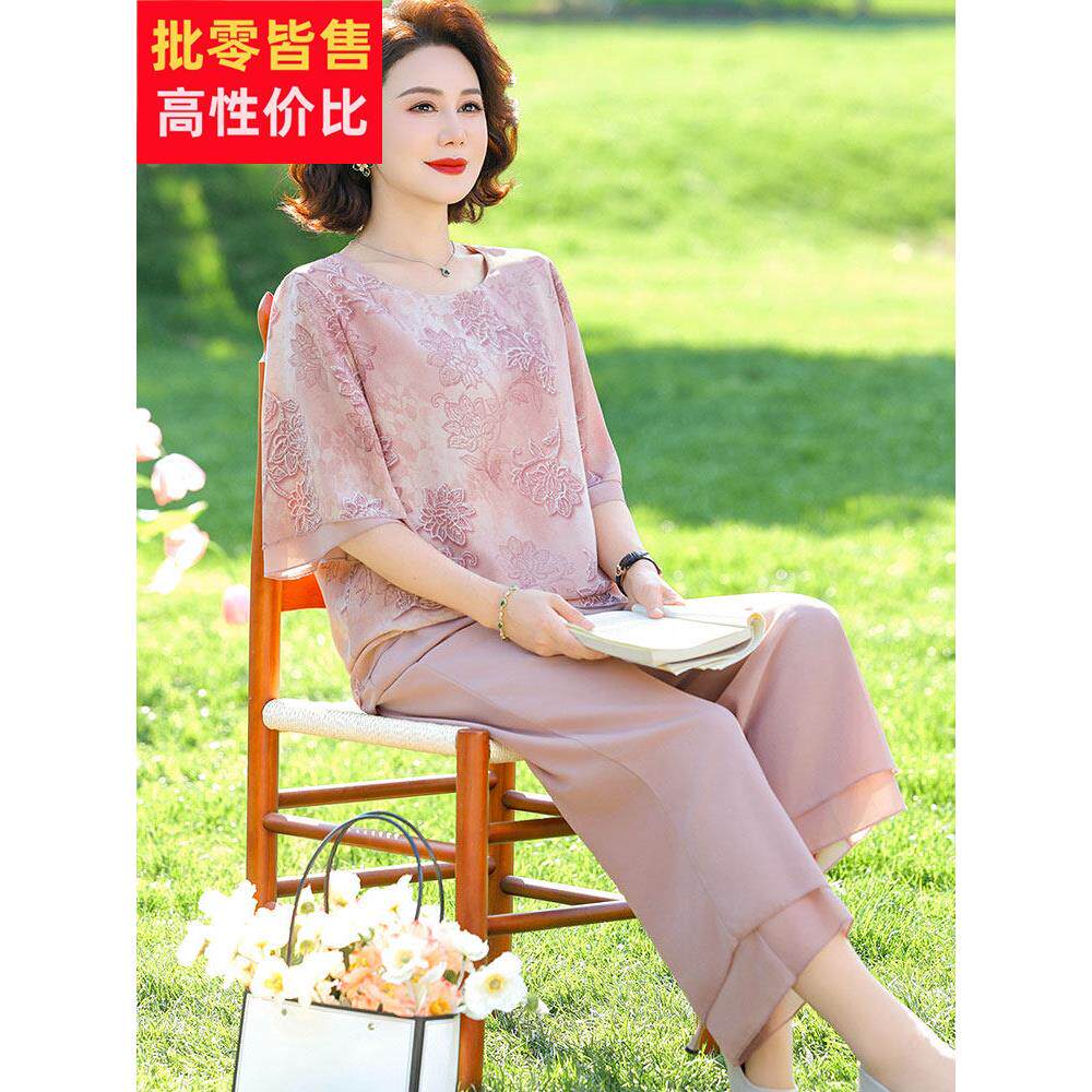 民族风格中年母亲夏季桑蚕丝t恤女式套头衫两件套大尺寸丝绸圆领