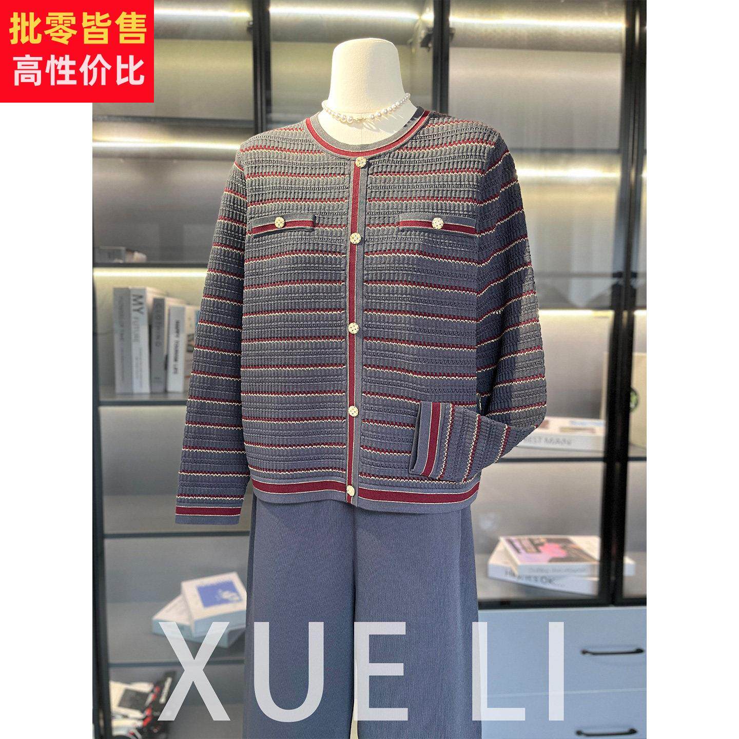 时尚洋派妈妈装针织衫套装女春装新款气质百搭中年妇女条纹两件套