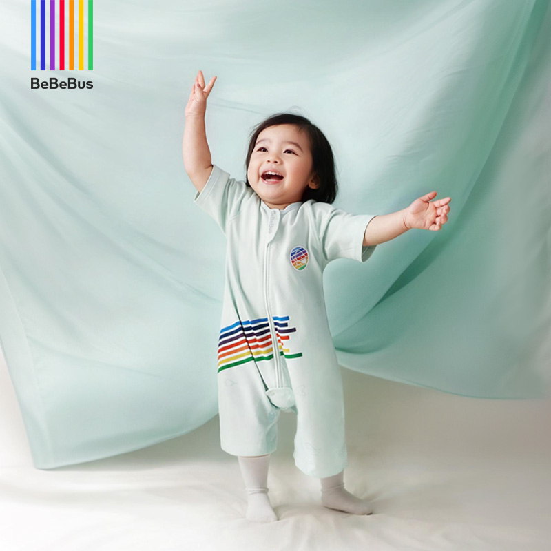 BeBeBus婴儿睡袋小凉风夏季薄款儿童分腿连体睡衣短袖宝宝防踢被