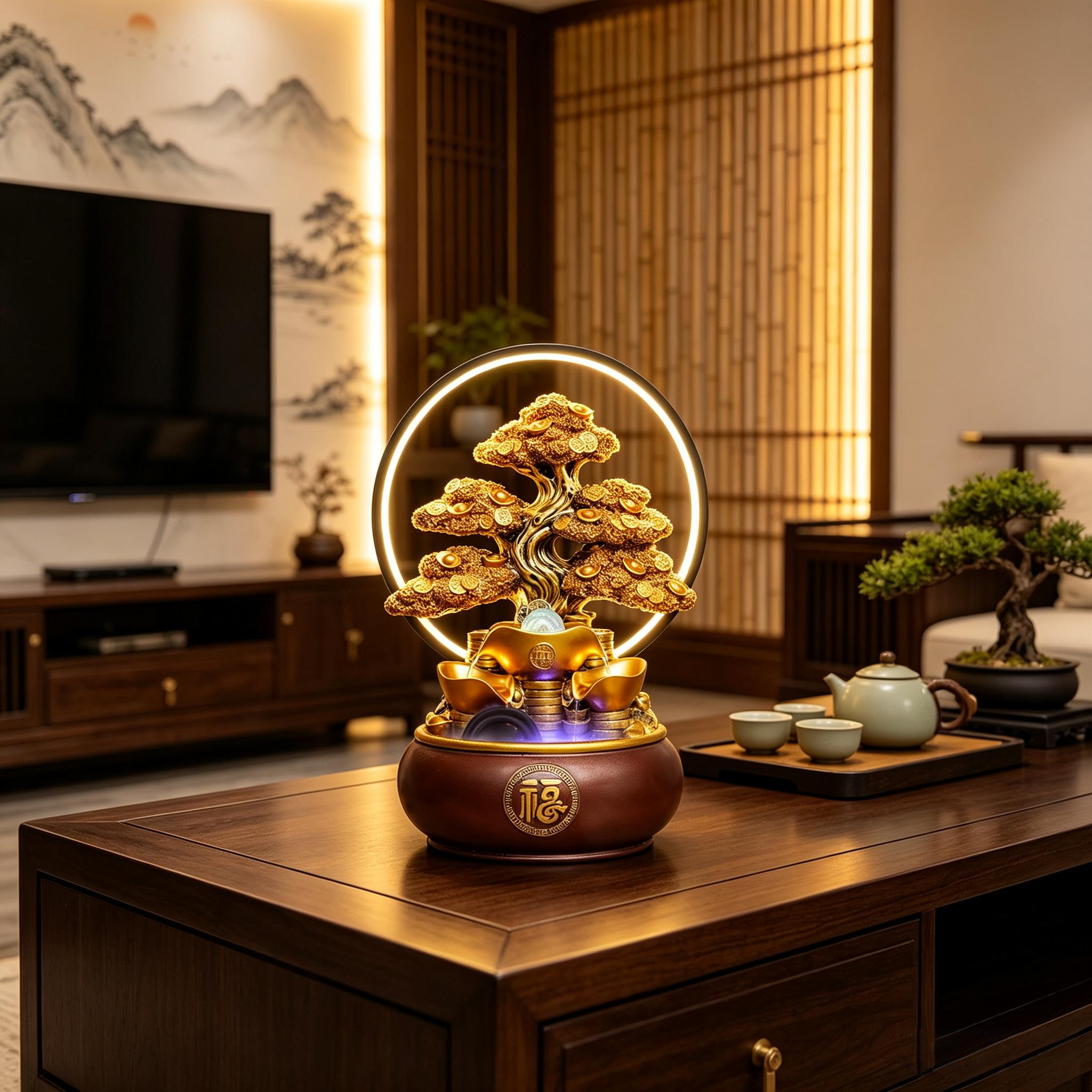 中式禅意客厅茶几电视柜风水装饰发财树流水摆件入户玄关桌面造景图片