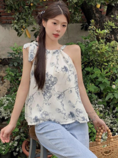 复古优雅绝美印花挂脖无袖 甜美小个子休闲上衣 吊带背心女夏季 新款