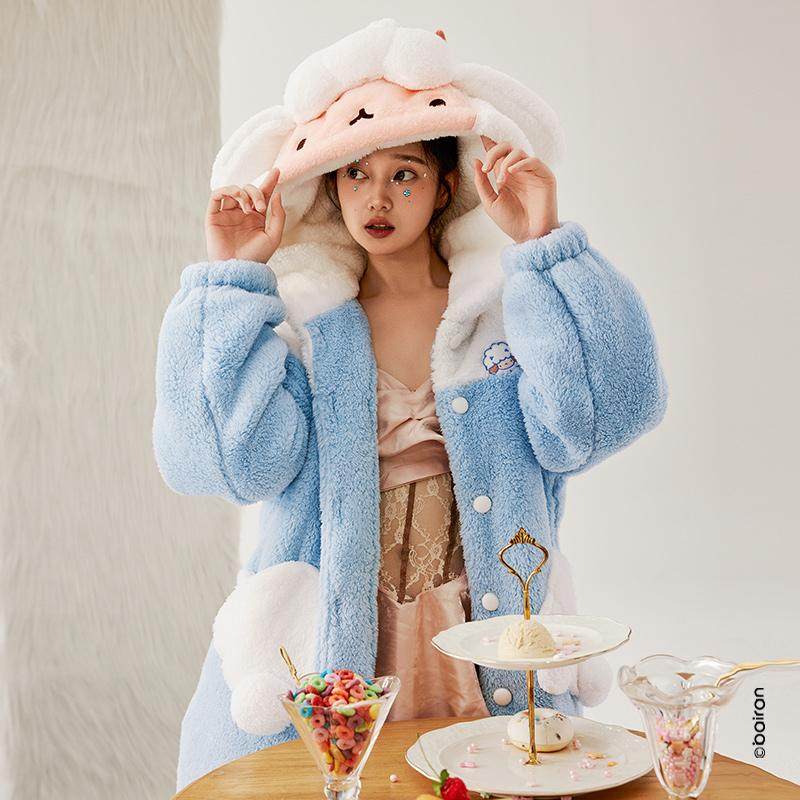 白冉绵羊睡袍女秋冬款珊瑚绒中长款连帽卡通家居服2025年新款浴袍,女士内衣/男士内衣/家居服,睡袍/浴袍,淘宝优惠券,粉丝福利购,淘宝优惠卷