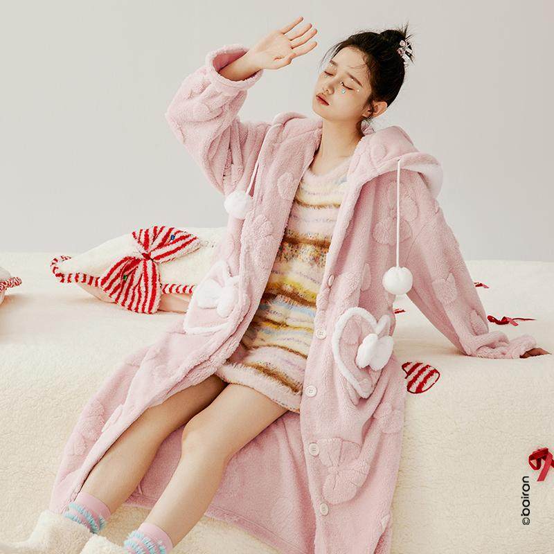 白冉珊瑚绒睡袍女秋冬季中长款加绒加厚连帽保暖家居服R823517-07