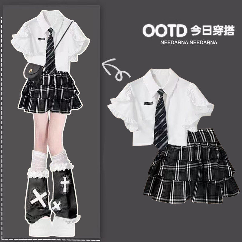 2025夏季甜酷套装女学生韩版学院风短袖衬衫+格子蛋糕裙两件套