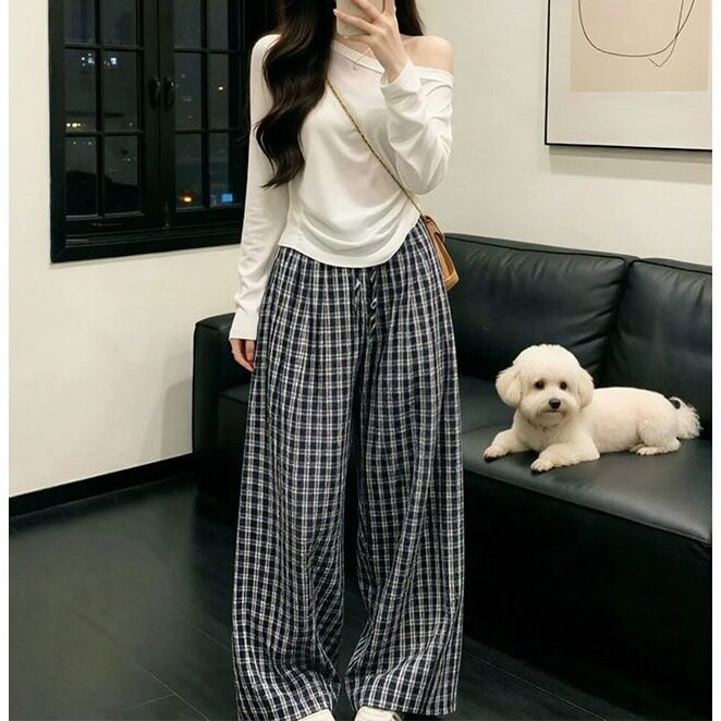 小个子高腰格纹阔腿裤两件套女