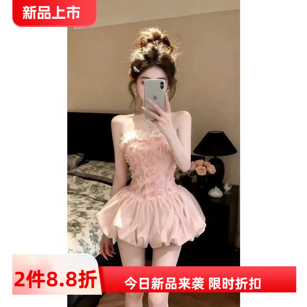 法式千金甜美抹胸连衣裙夏季新款漂亮精致小裙子收腰花苞蓬蓬短裙