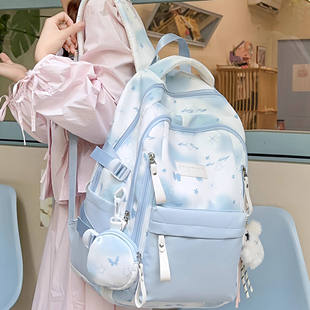 法国书包初中女生蓝色高中生高颜值2025新款女大容量双肩包背包