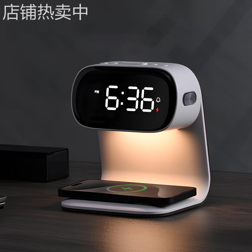 跨境2024新品无线充床头夜灯15W快充手机耳机充电充闹钟礼品台灯