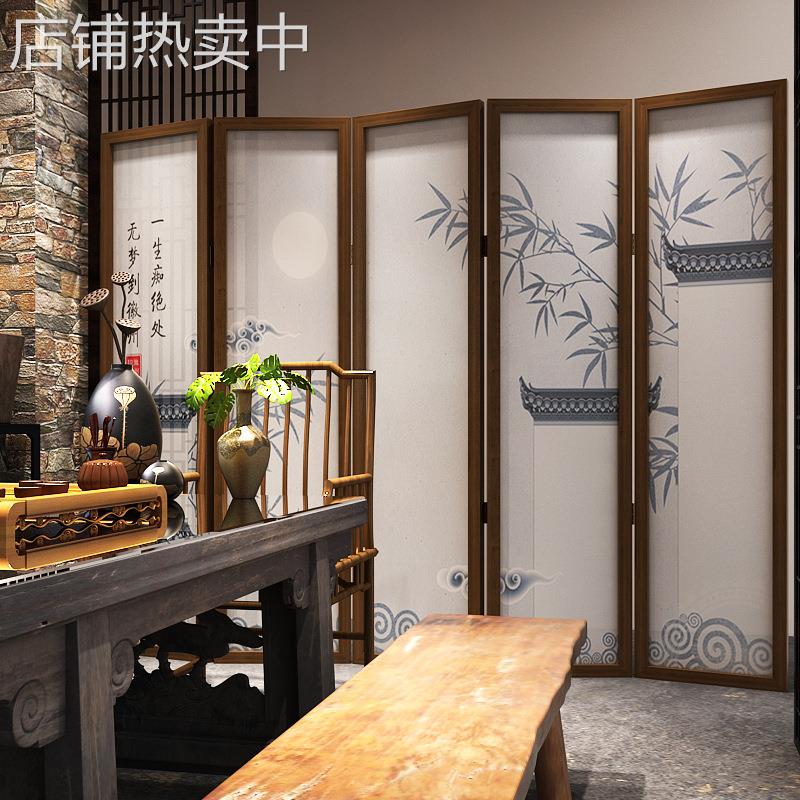 新中式屏风隔断客厅移动入户折叠遮挡茶室装饰复古马头墙竹子折屏