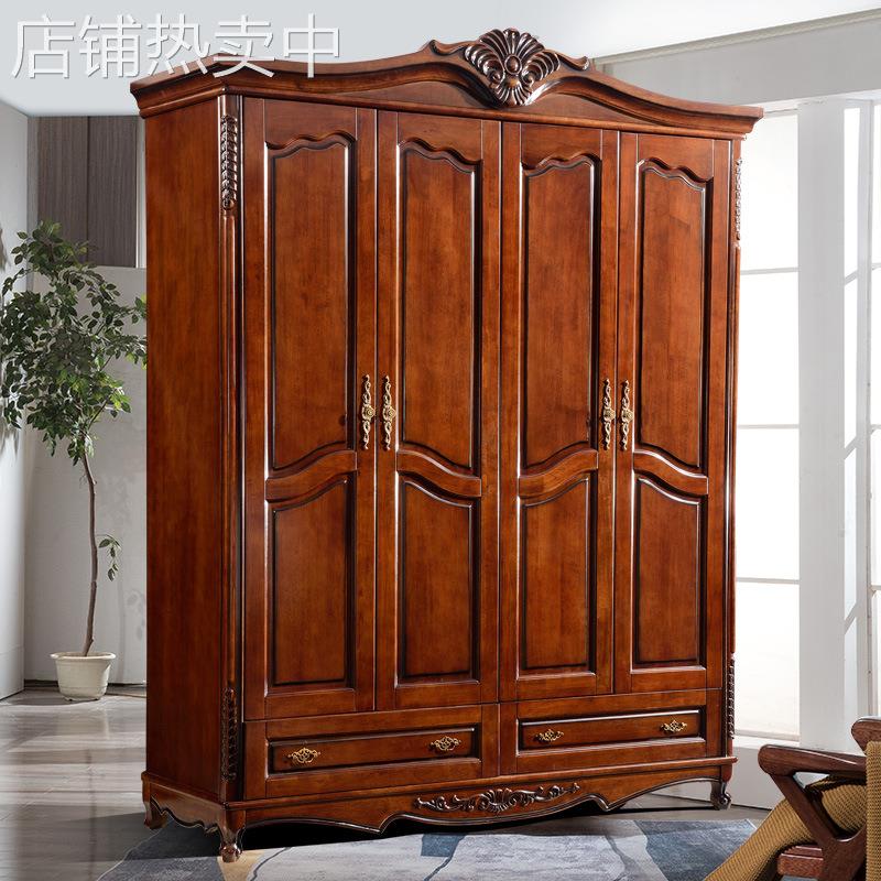 美式欧式实木仿古带帽顶罗马柱储物卧室4门5门橡木大衣柜组装家具