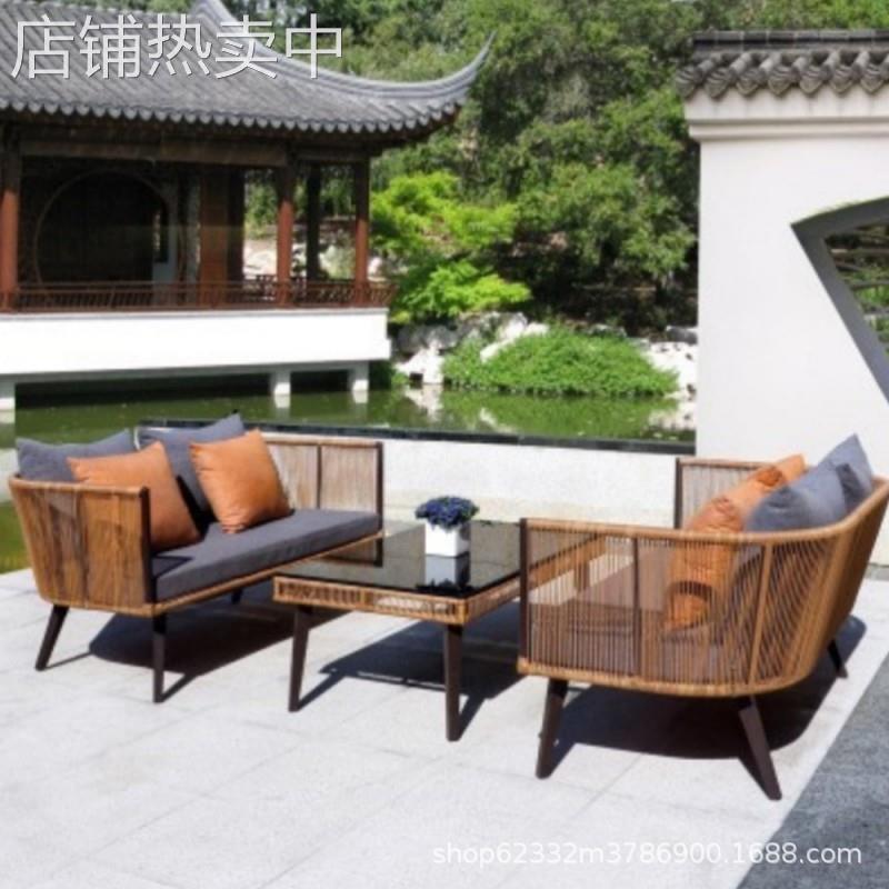 网红新中式户外经典时尚庭院露台酒店大堂藤编单沙发茶几