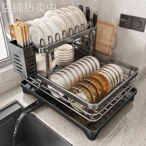 优勤碗碟收纳架沥水碗架厨房置物架不锈钢碗筷放碗盘子双层沥水篮