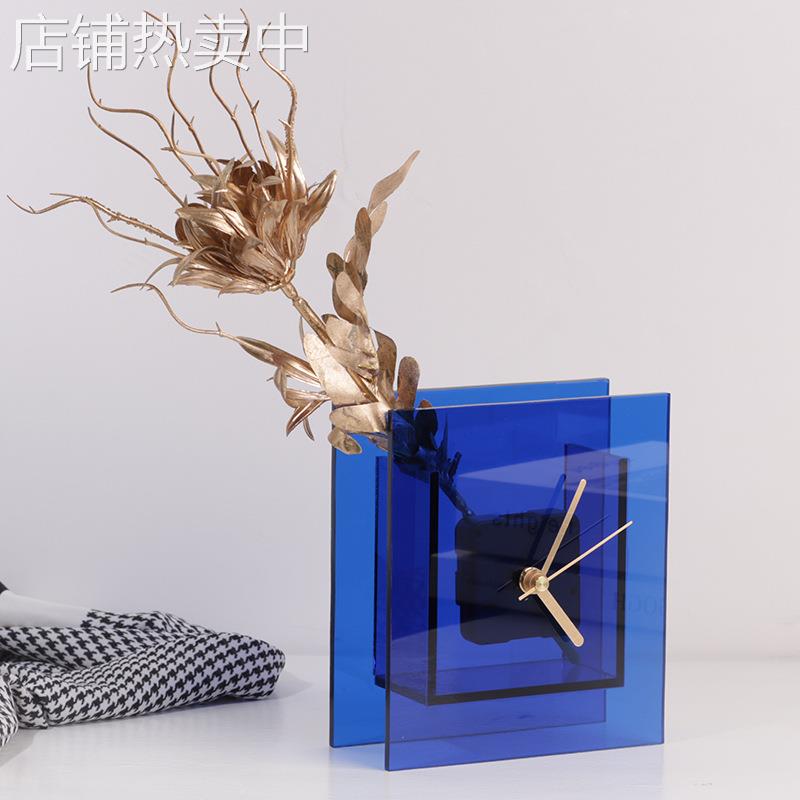 简约现代亚克力透明方形时钟桌面摆件样板房间卧室床头柜座钟装饰