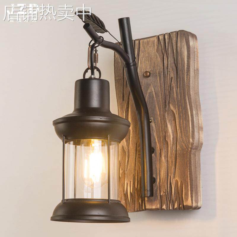 美式乡村复古壁灯 工业风创意酒吧餐厅过道走廊壁灯 实木艺壁灯