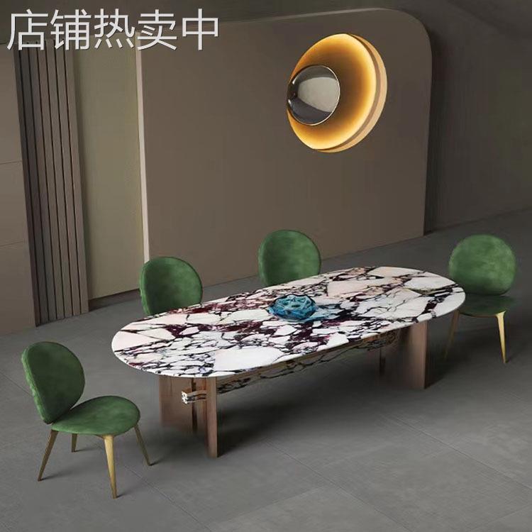 意式轻奢极简长方形奢石亮光岩板家用大理石小户型北欧设计师餐桌