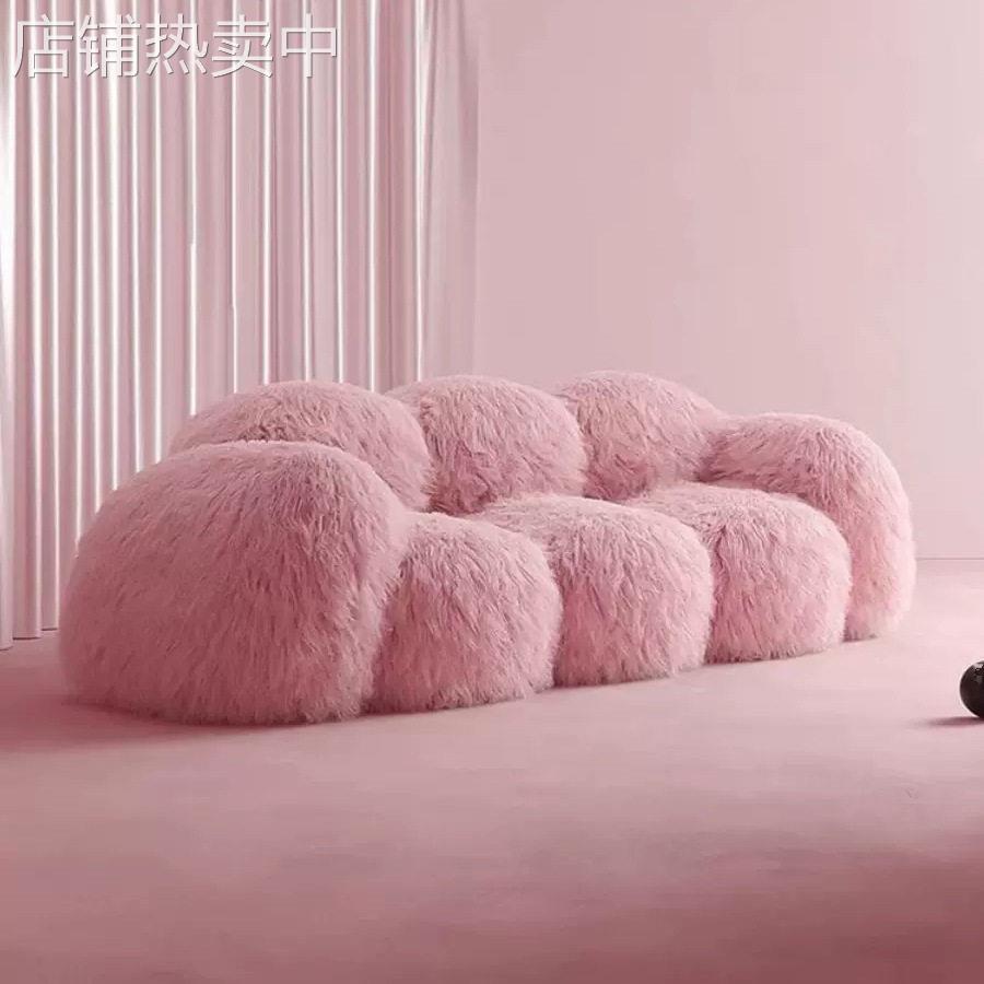 雪人熊现轻奢网红长毛绒粉色北欧风极简美容院服装店接待沙发