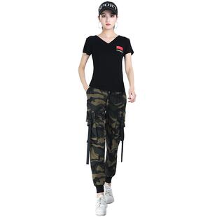 特价杨丽萍广场舞运动装新款军绿色t恤女迷彩工装裤套装水兵舞演