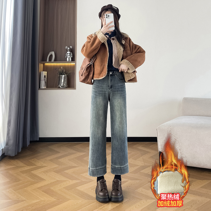 加绒九分弹力直筒裤设计感法棍裤复古蓝牛仔时尚皮牌高腰显瘦百搭