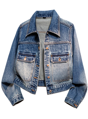水洗做旧美式复古长袖牛仔外套上衣翡翠蓝慵懒风百搭舒适宽松秋冬