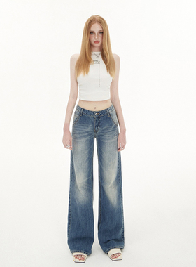 美式复古高腰宽松阔腿裤百搭低腰直筒牛仔裤女&长裤加长