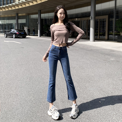 复古高腰微喇牛仔裤女九分2025春秋新款修身显瘦八分小个子喇叭裤