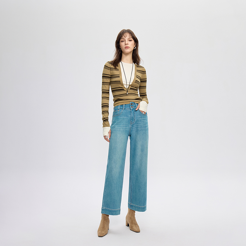 翡翠绿四面弹九分牛仔裤女2025秋季新款高腰宽松阔腿奶奶裤