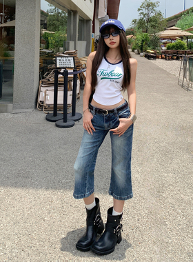 美式复古低腰辣妹微喇叭七分裤修身显瘦百搭牛仔裤女
