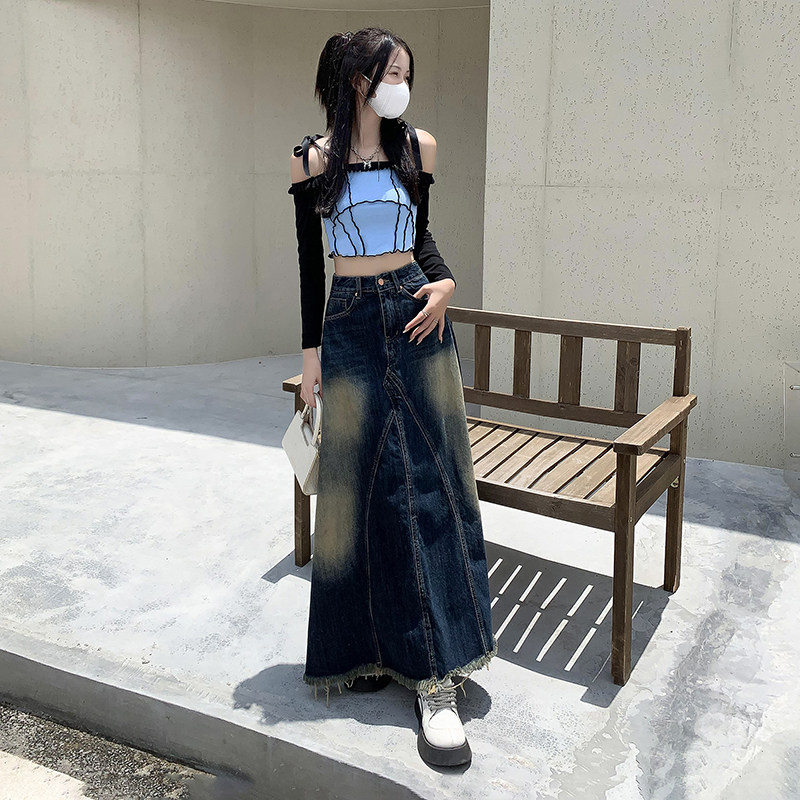 半身裙女牛仔长裙高腰毛边新款秋季中长款高个子裙a字伞裙大摆裙