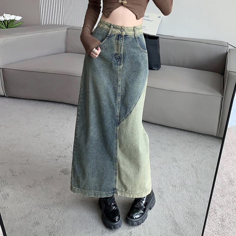 拼接撞色后开叉牛仔半身裙女梨形身材高腰显瘦显高百搭包臀中长裙,女装/女士精品,半身裙,淘宝优惠券,粉丝福利购,淘宝优惠卷