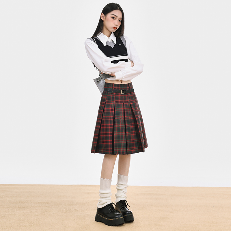 美式复古学院风格纹JK百褶裙秋冬红色格子（赠送皮带）