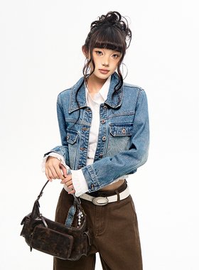 水洗做旧美式复古长袖牛仔外套上衣翡翠蓝慵懒风百搭舒适宽松秋冬