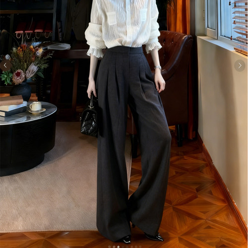 高端定制深灰色毛呢大码阔腿裤女